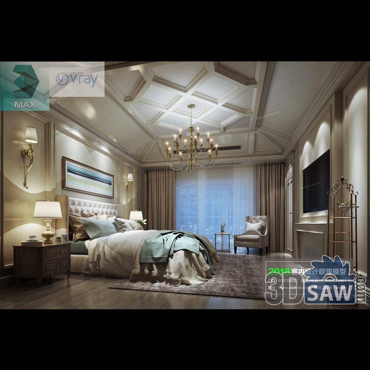 Classic bedroom with a coffered ceiling, crystal chandelier, tufted headboard between twin lamps and a framed seascape