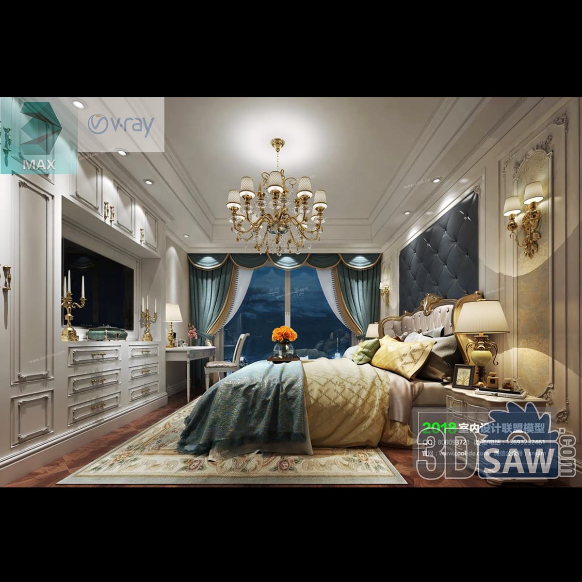 Luxury bedroom with a blue tufted wall panel, carved gilt bed, teal swag drapes over a night view and a crystal chandelier