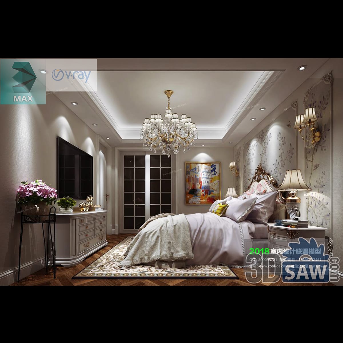 Luxury bedroom with trailing floral wallpaper, a crystal chandelier, wall TV on a curved white sideboard and a leaning abstract canvas