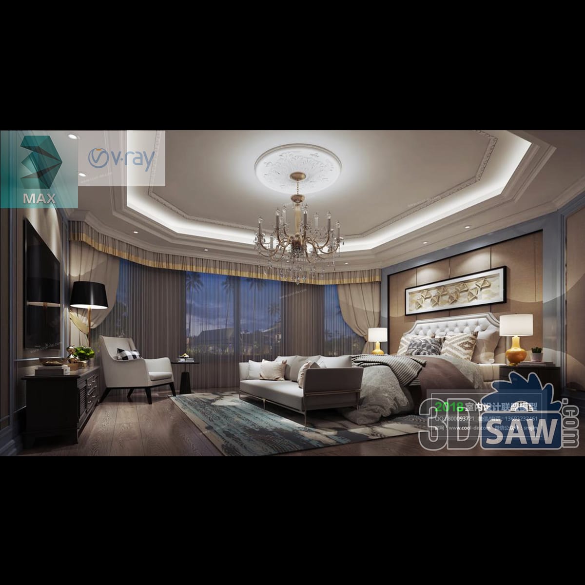 Luxury bedroom with an octagonal tray ceiling and plaster medallion, crystal chandelier, tufted headboard and a mountain view