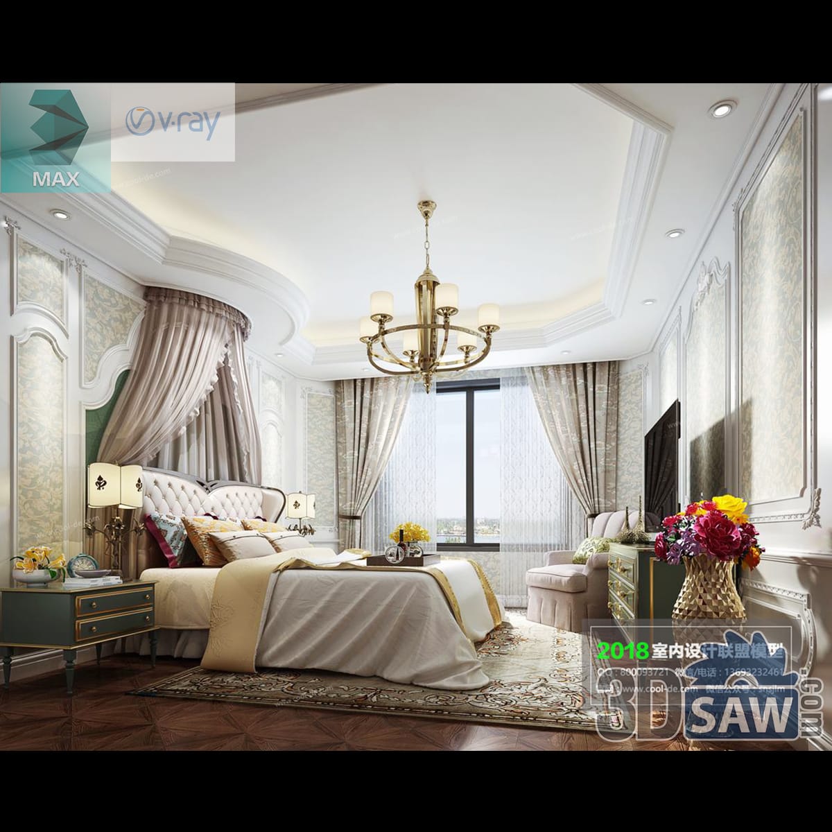 Luxury bedroom with carved relief wall panels, a canopy drape over a tufted headboard, brass chandelier and green-and-gold bedding