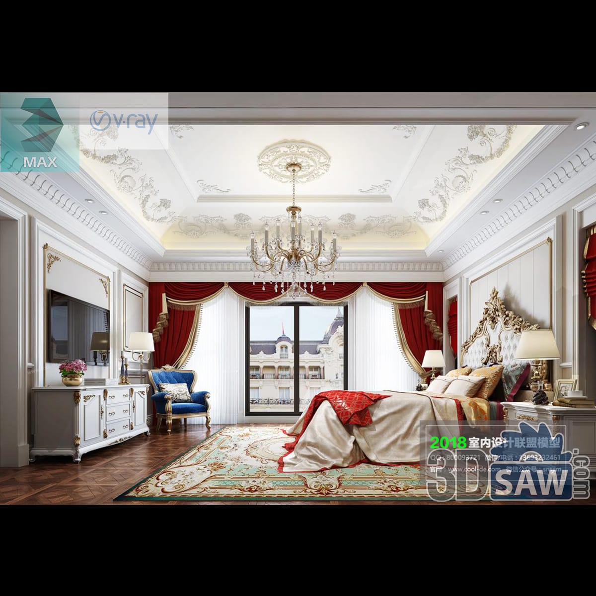 Grand luxury bedroom with deep red velvet swag drapes, an ornate plaster ceiling, crystal chandelier and a gilt Baroque carved bed