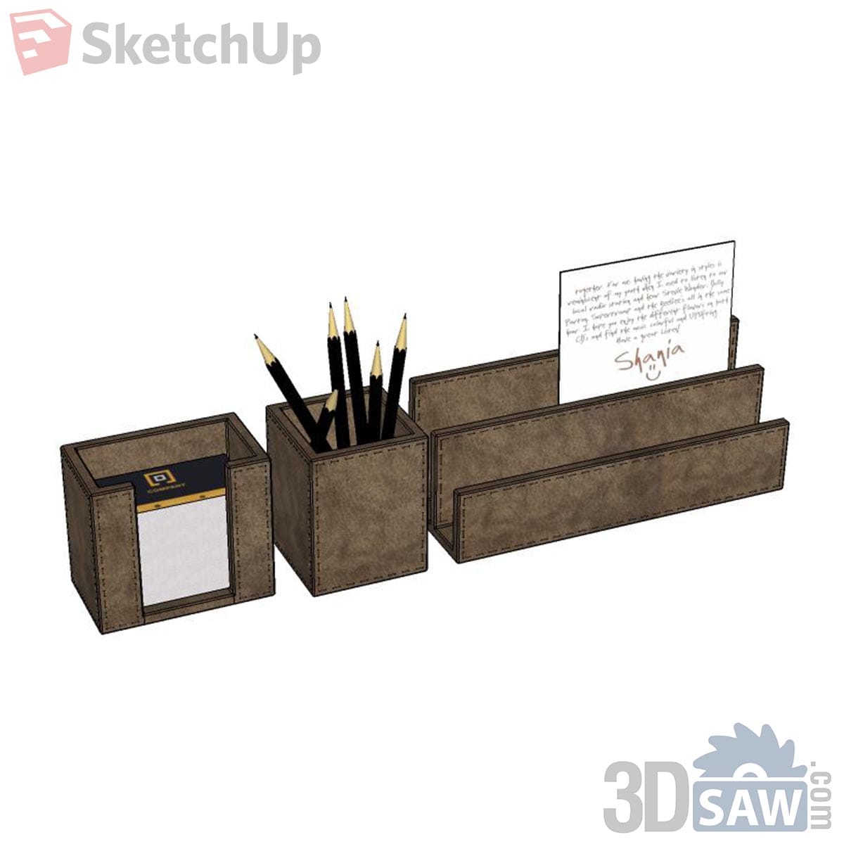 Set of three stitched brown leather desk accessories with pencils, memo pad and letter rack