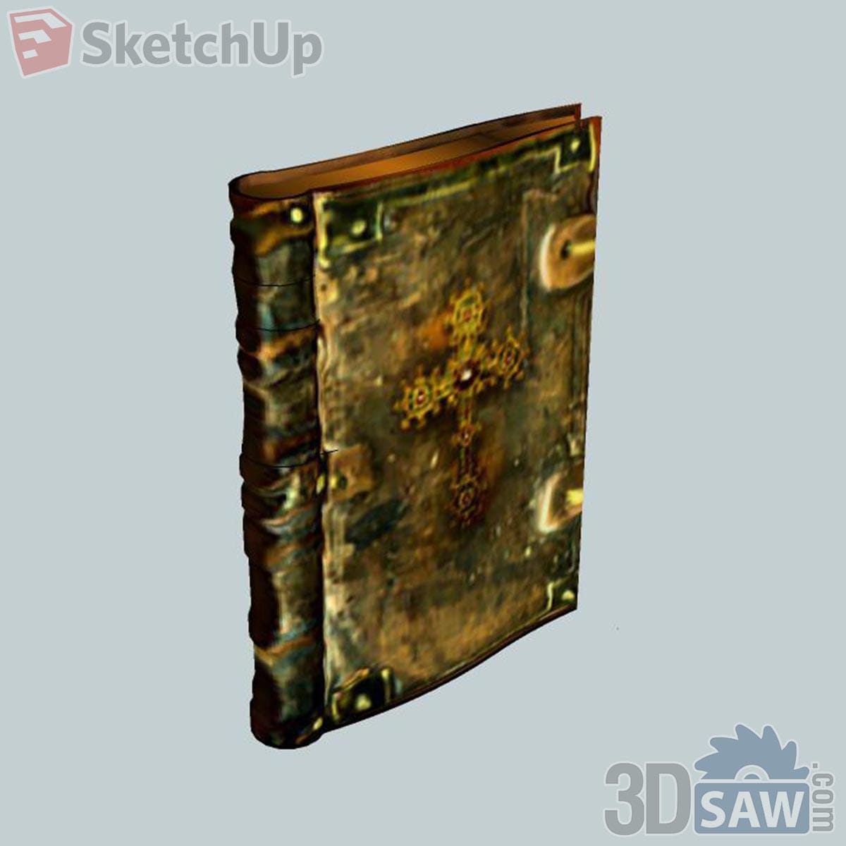 Upright antique leather-bound book with brass corners, cross emblem and clasp