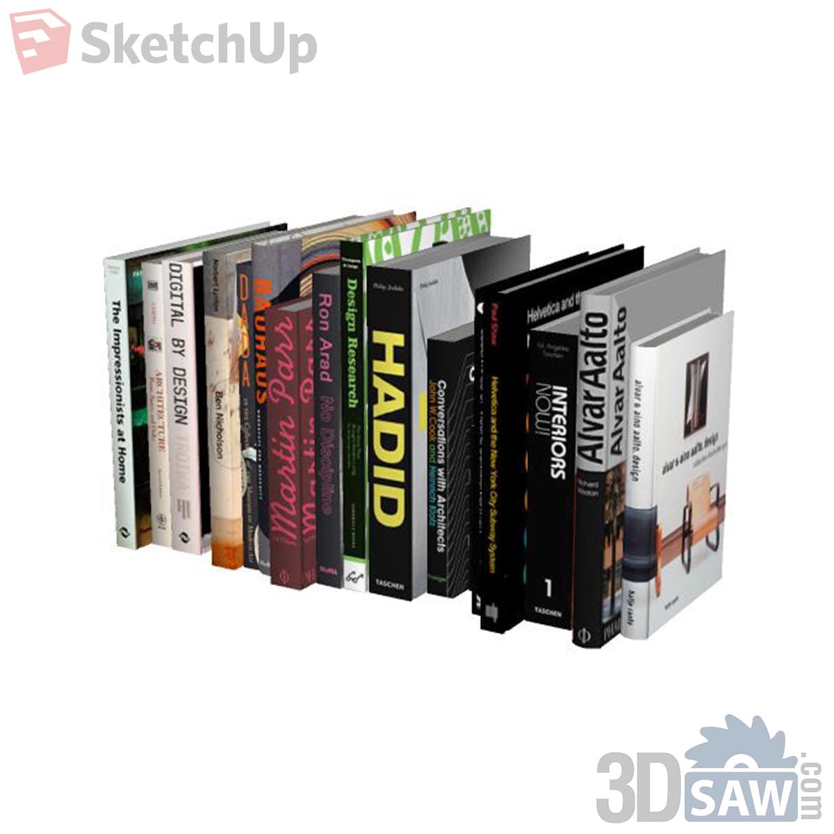 Long row of upright design and architecture books with colourful spines