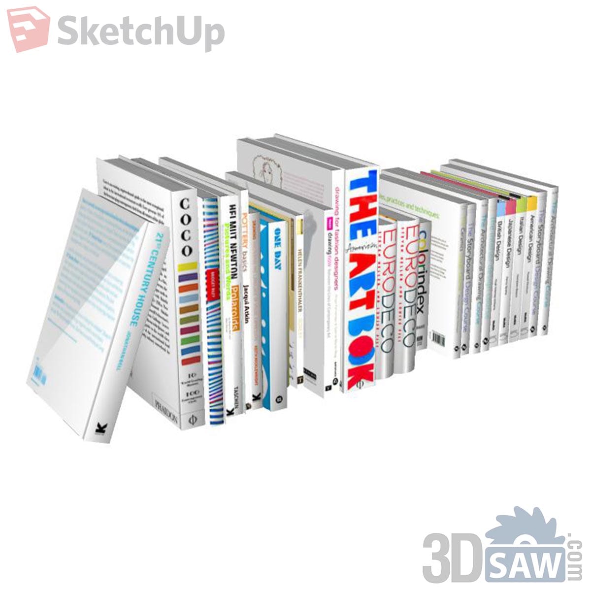 Row of white art and design books with bright coloured spines and one leaning volume