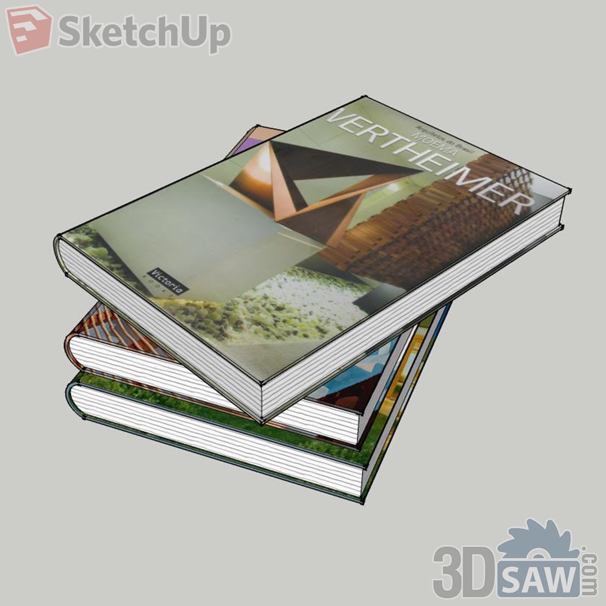 Stack of three large architecture hardcover books with an angular copper building on top