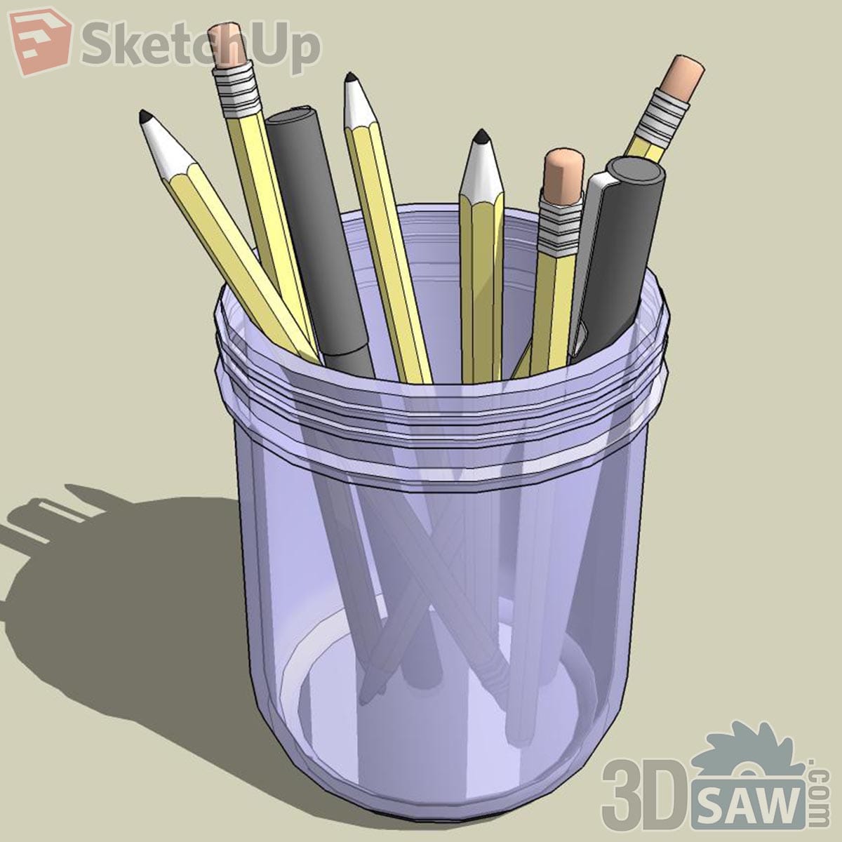 Translucent lilac glass jar holding yellow pencils and black pens