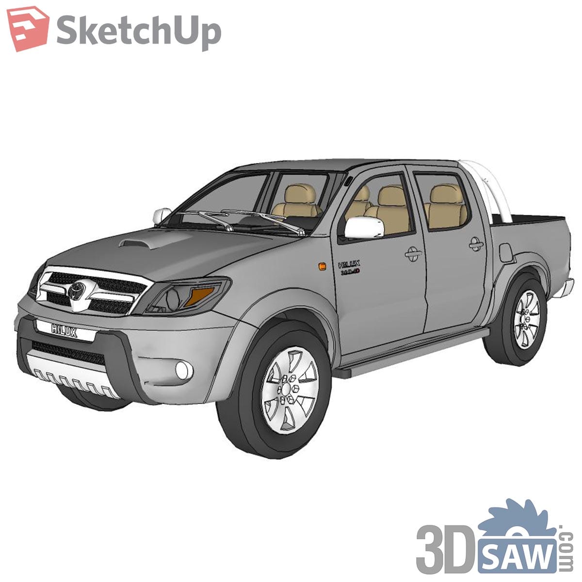 Grey double-cab pickup truck with bull bar and alloy wheels seen from the front three-quarter