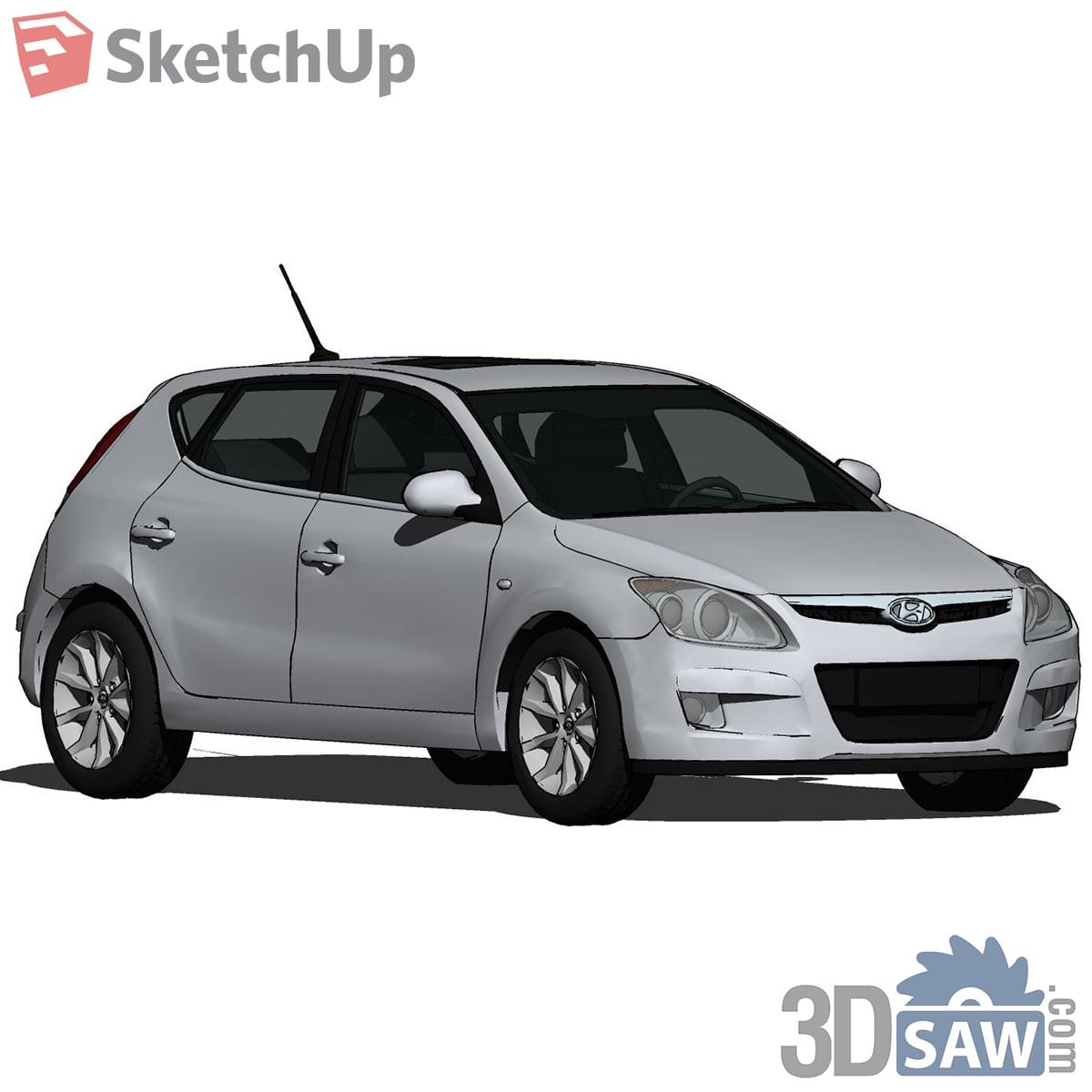 Silver five-door hatchback with black lower grille and tall roof antenna