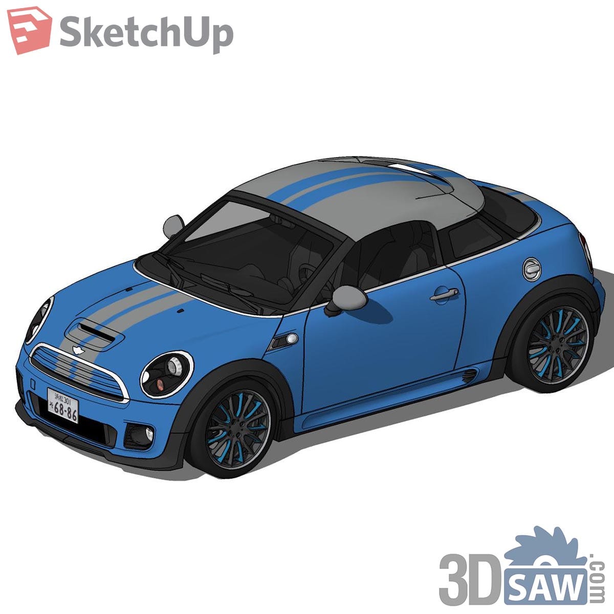 Blue two-door coupe with grey racing stripes and dark alloy wheels