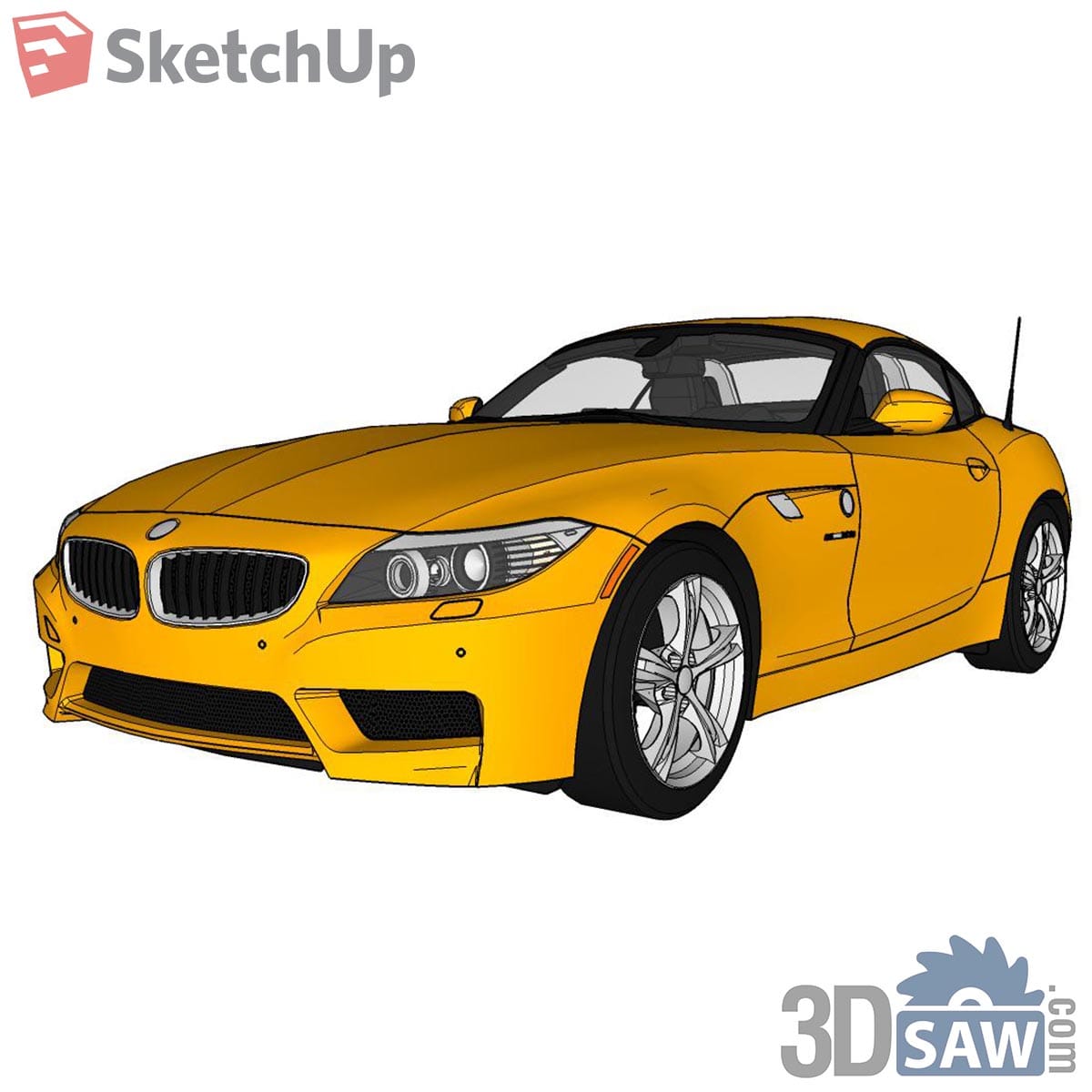 Amber yellow two-seat roadster with twin grille openings and silver alloy wheels