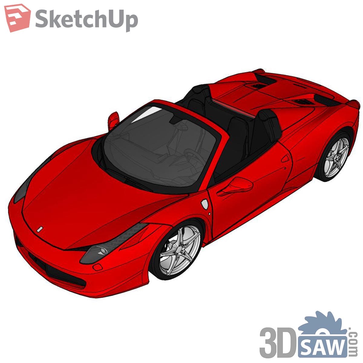 Red open-top supercar with black seats and silver five-spoke wheels