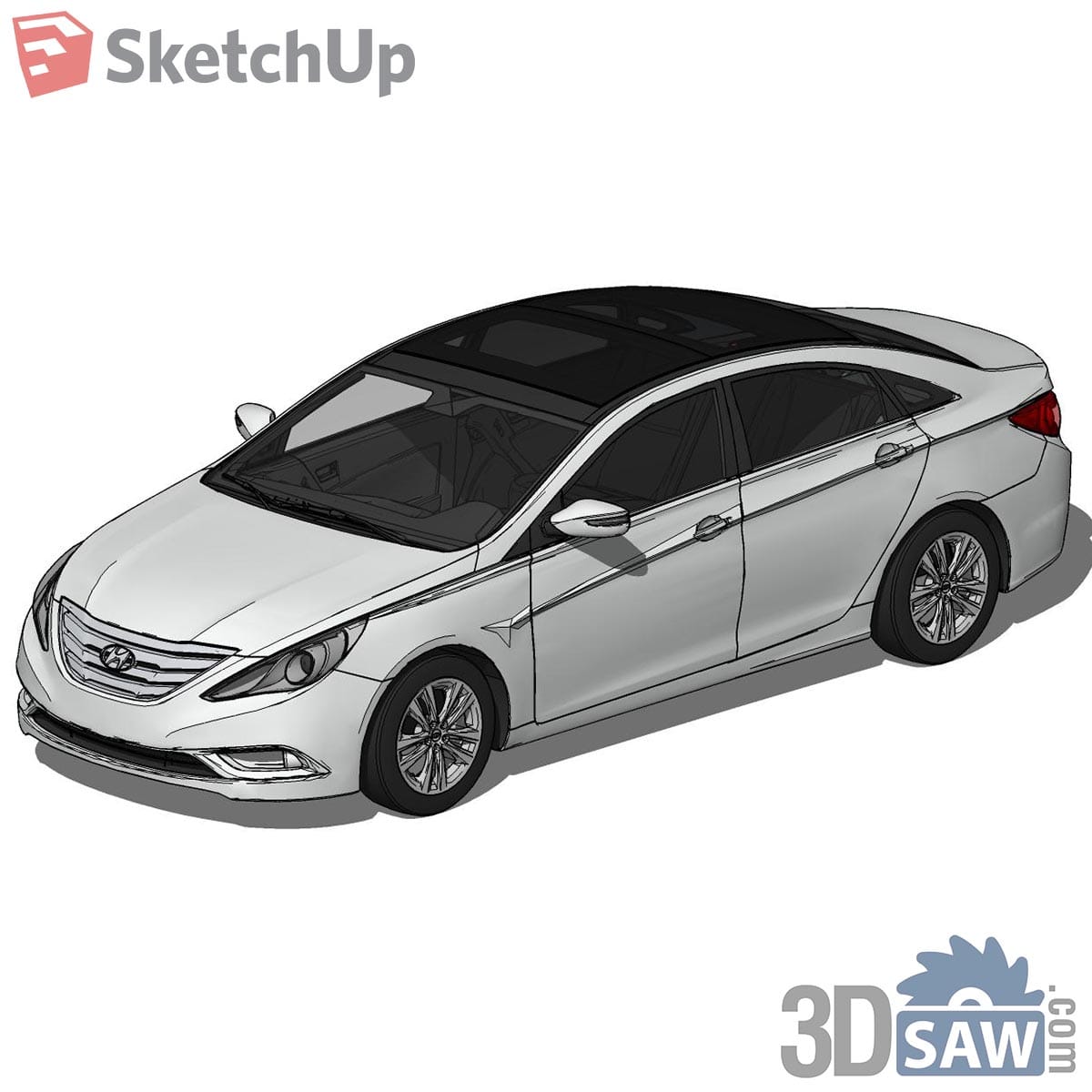 Silver-white executive sedan with panoramic sunroof from a high front angle