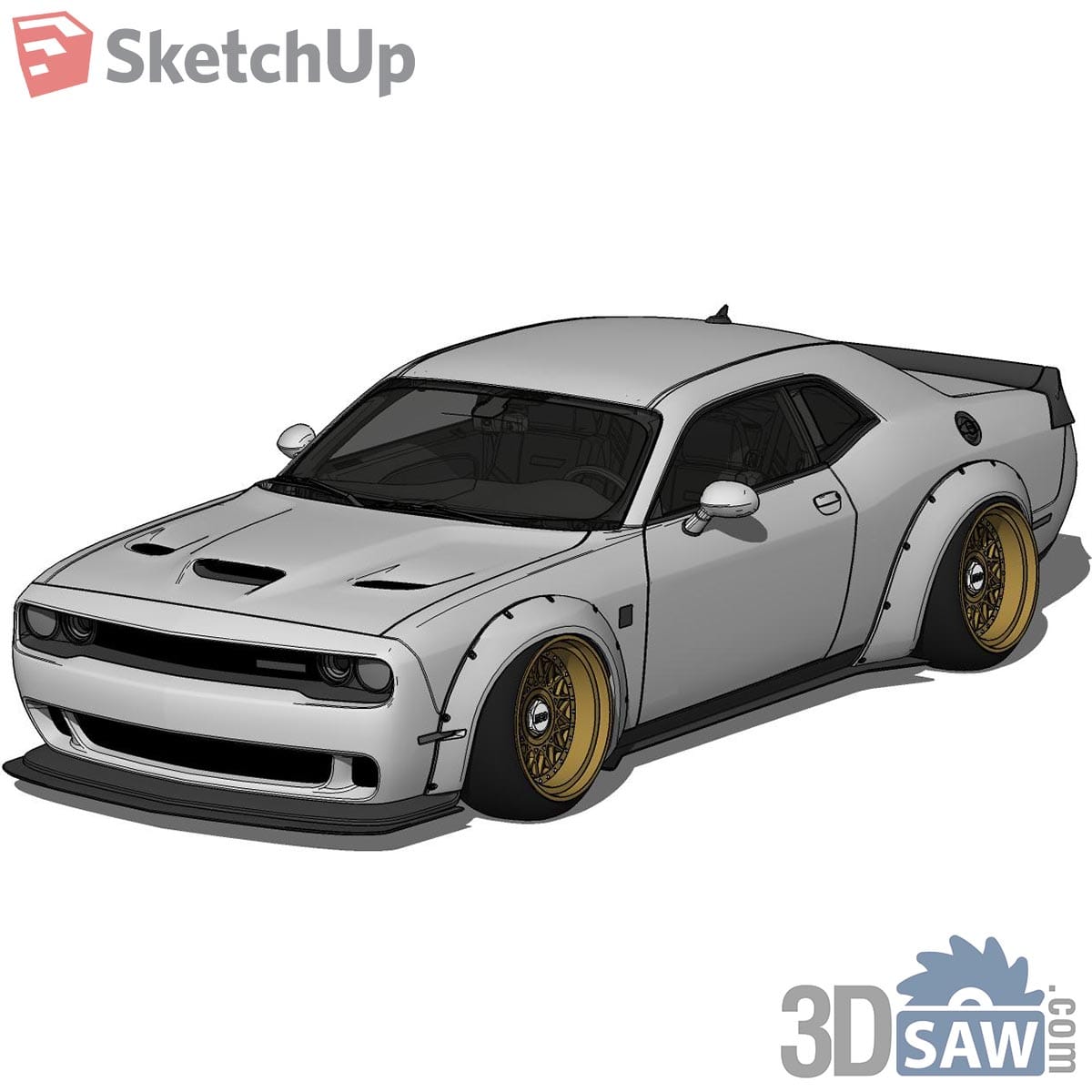 Grey widebody muscle coupe with fender flares and gold mesh wheels
