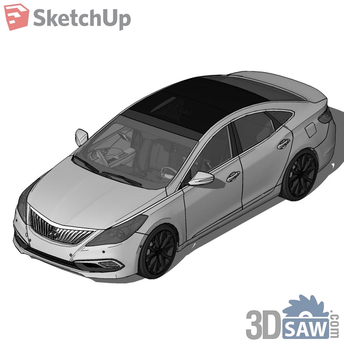 Silver large sedan with glass roof, vertical-slat grille and black alloy wheels