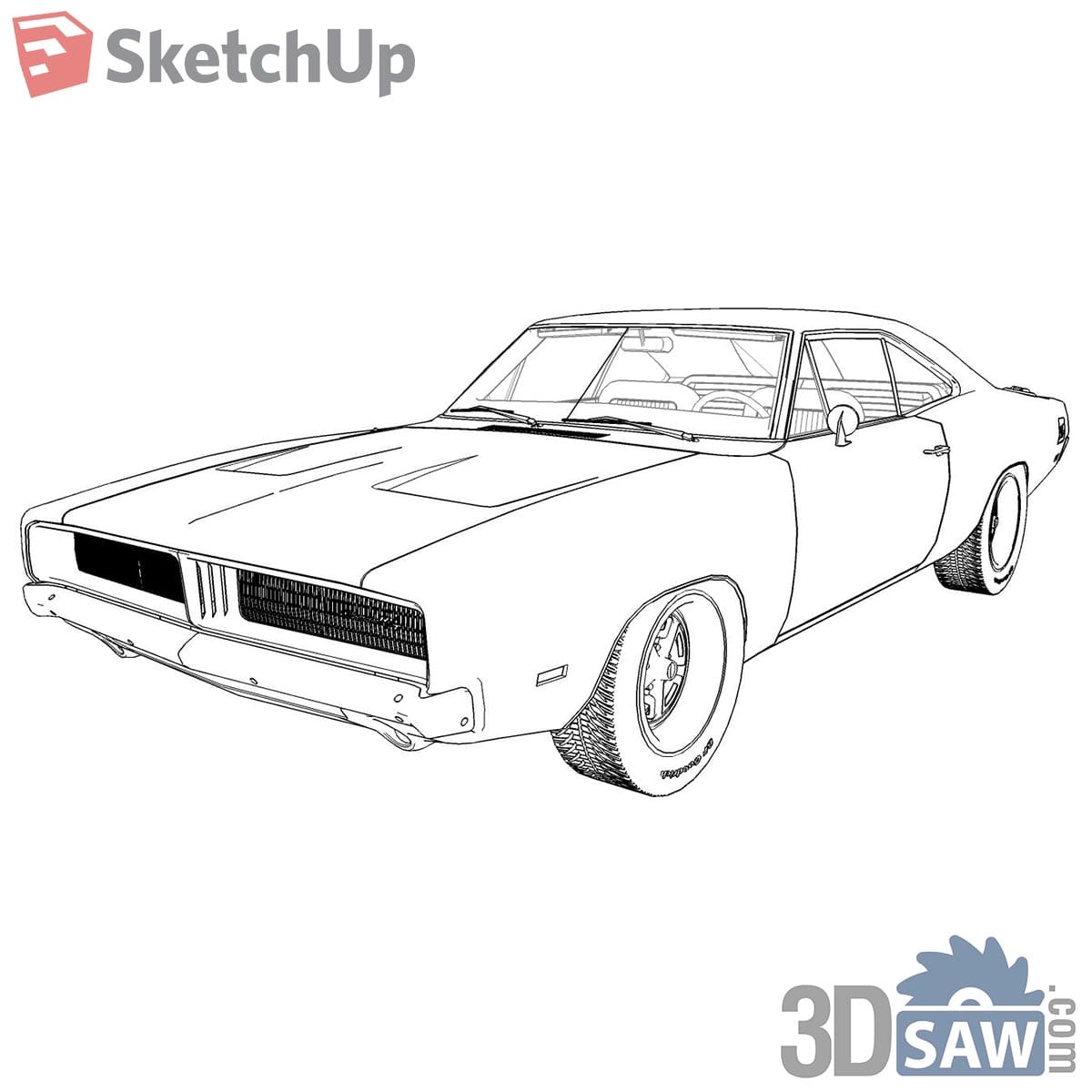 Black outline drawing of a classic muscle coupe with long bonnet and fat rear tyres