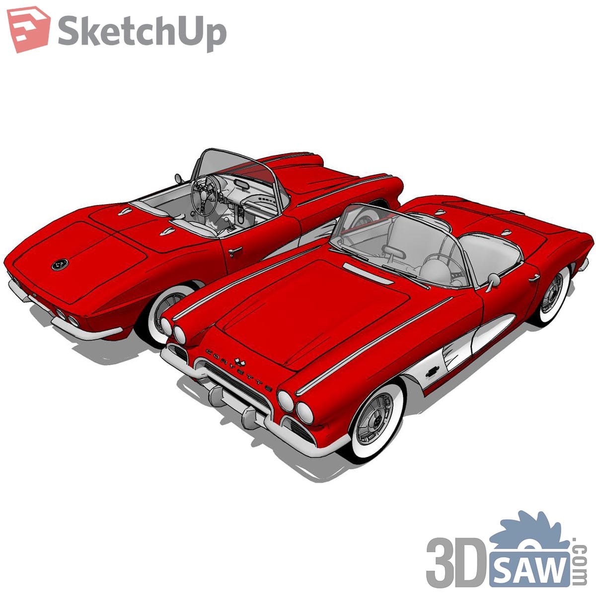 Two red vintage convertibles with chrome bumpers and whitewall tyres, front and rear views