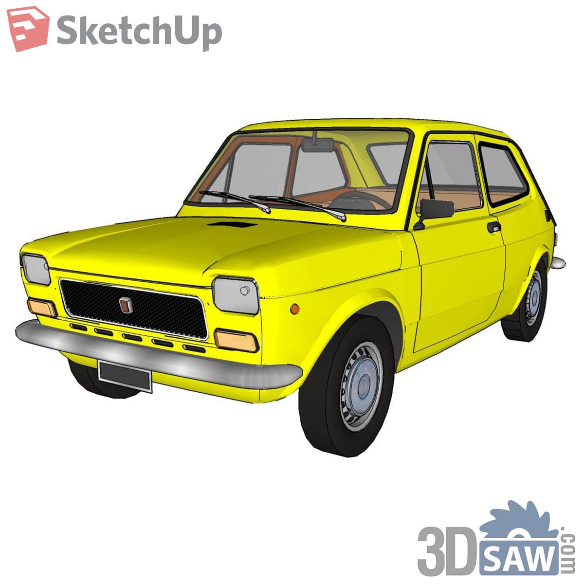 Yellow retro two-door compact city car with chrome bumper