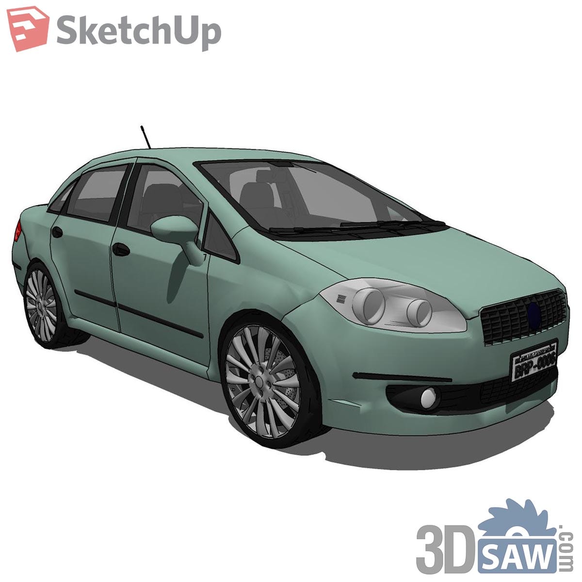 Sage green four-door sedan with chrome grille and alloy wheels