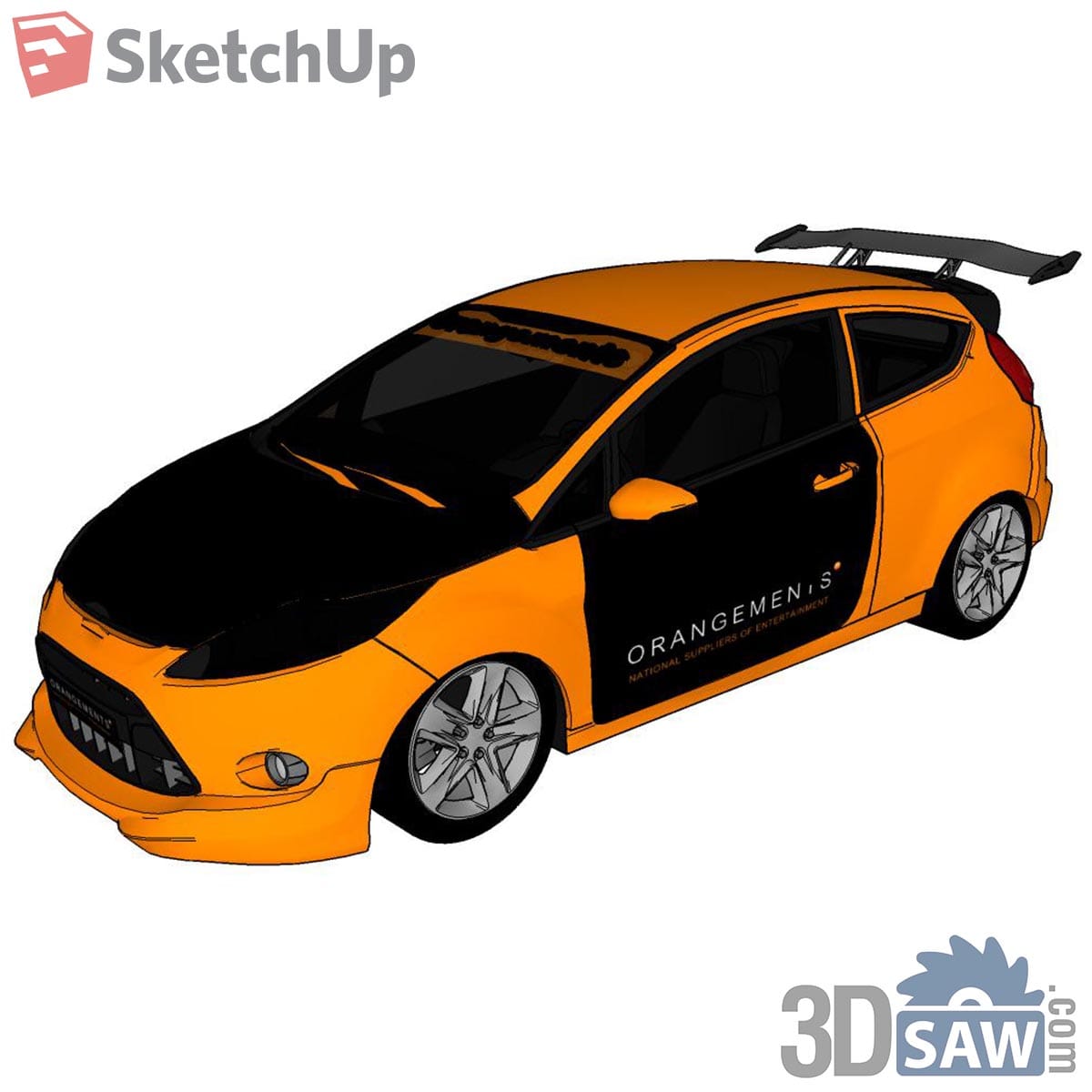 Orange and black tuned hatchback with large rear wing