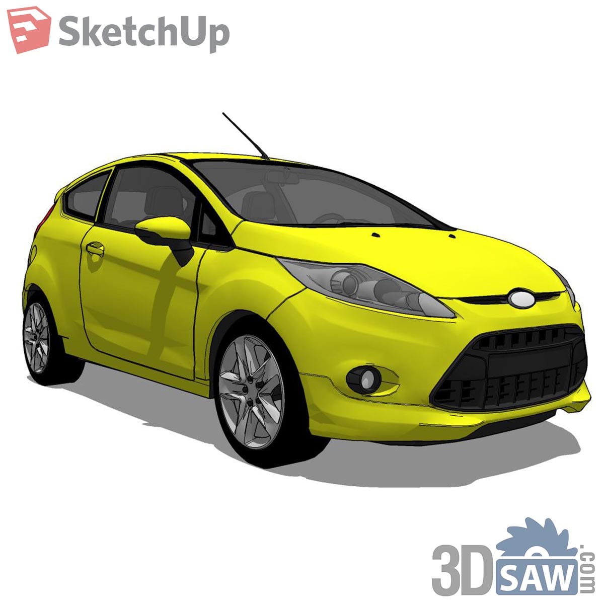 Bright yellow three-door hatchback with black grille and shadow