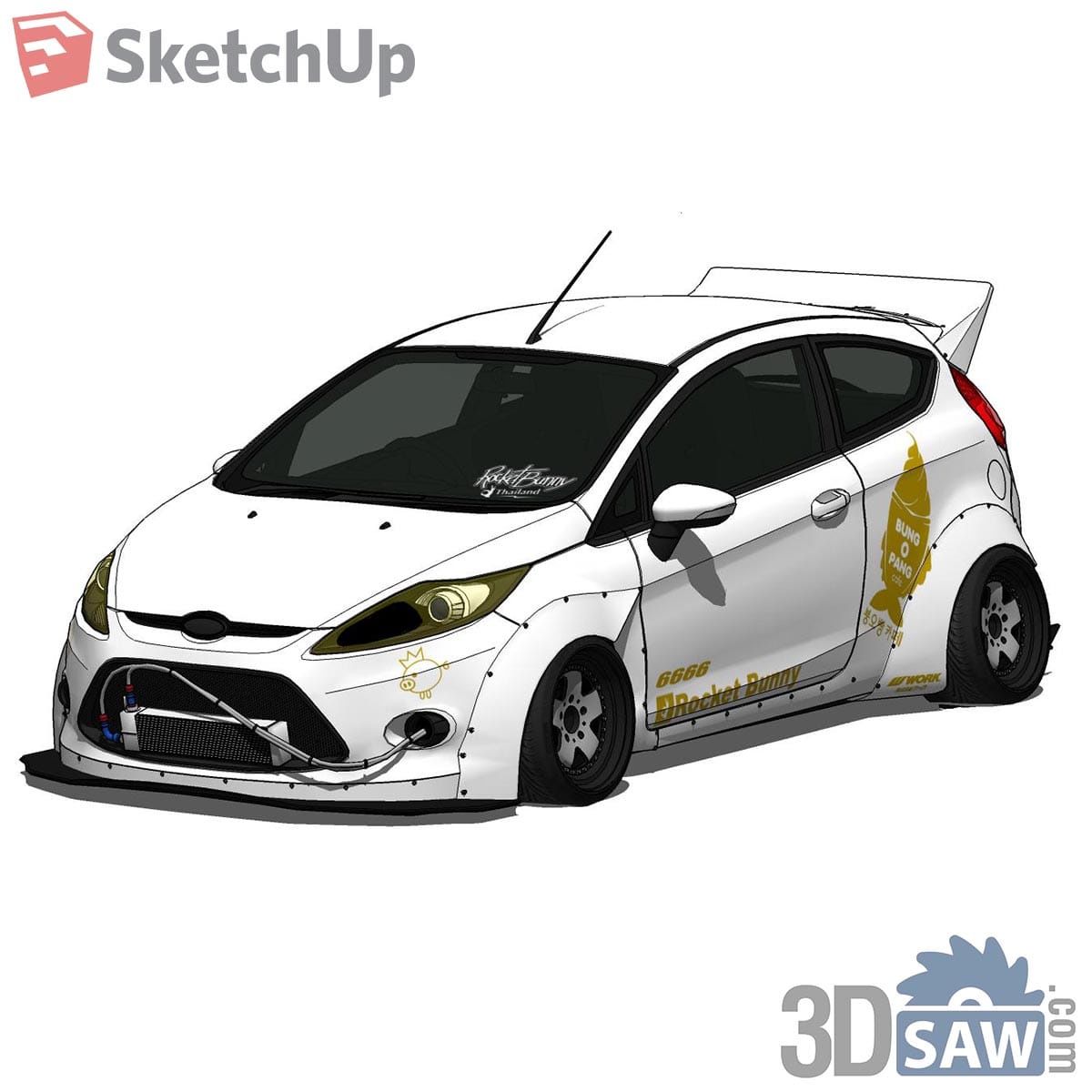 White widebody hatchback with gold decals and large spoiler