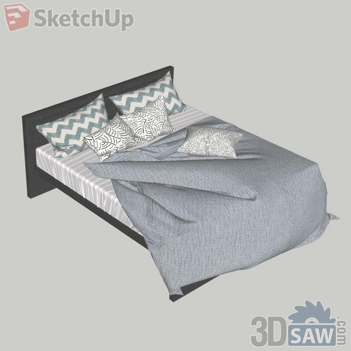 Scandinavian bed with black headboard, teal chevron pillows, leaf-print cushions and blue-grey duvet