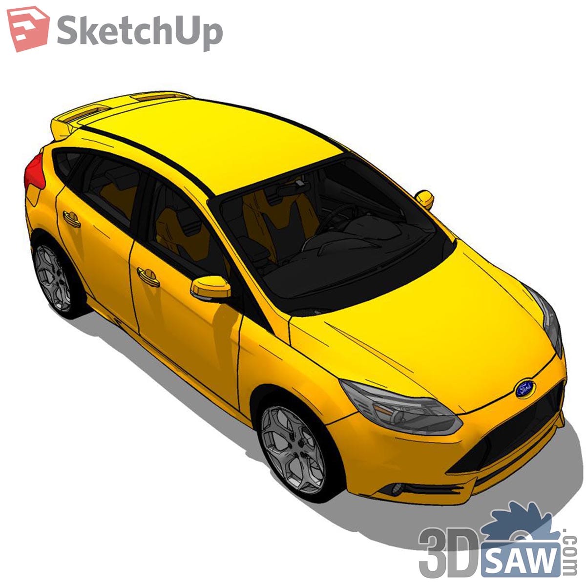 Yellow sporty five-door hatchback seen from above with alloy wheels