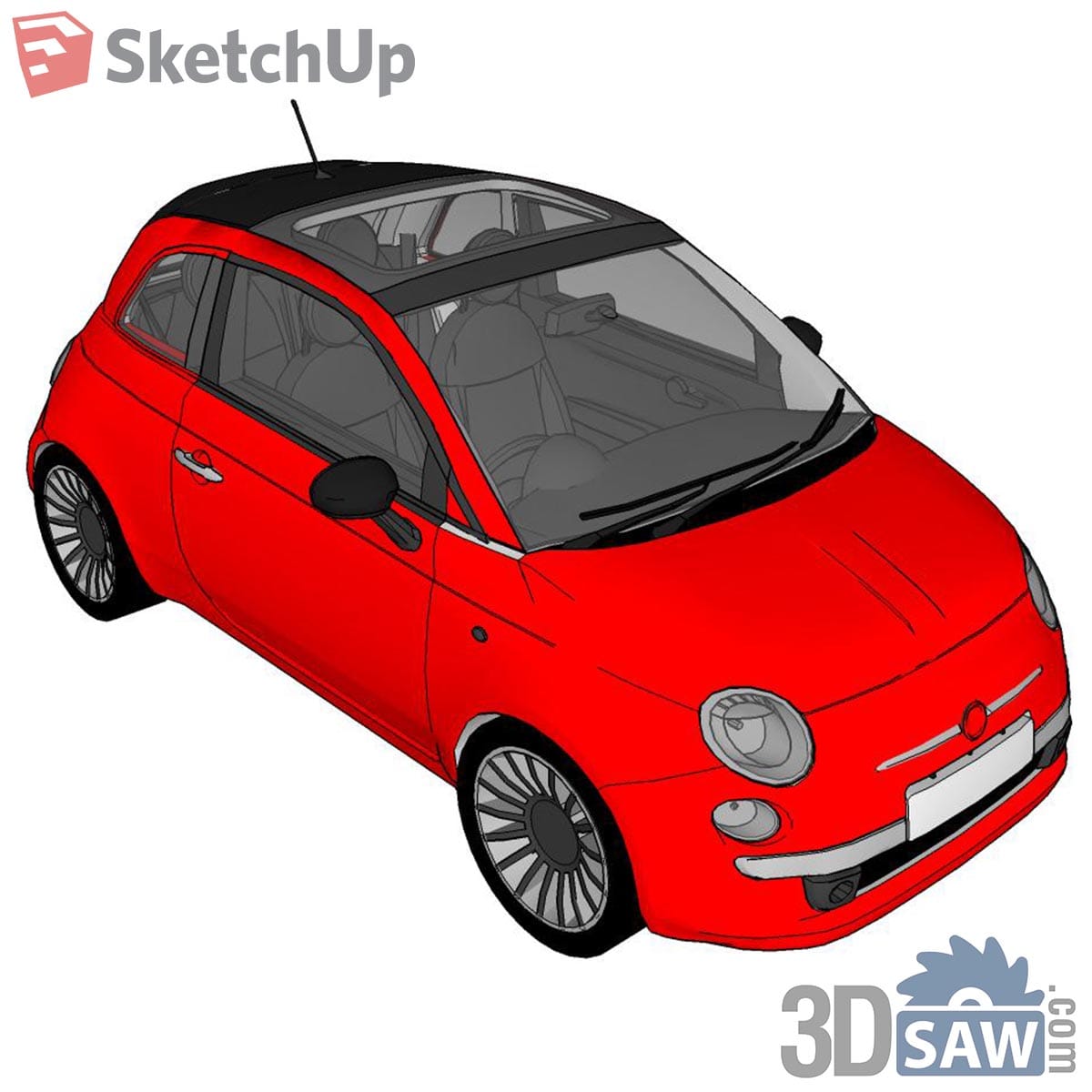 Red retro city car with black soft-top roof and round headlights