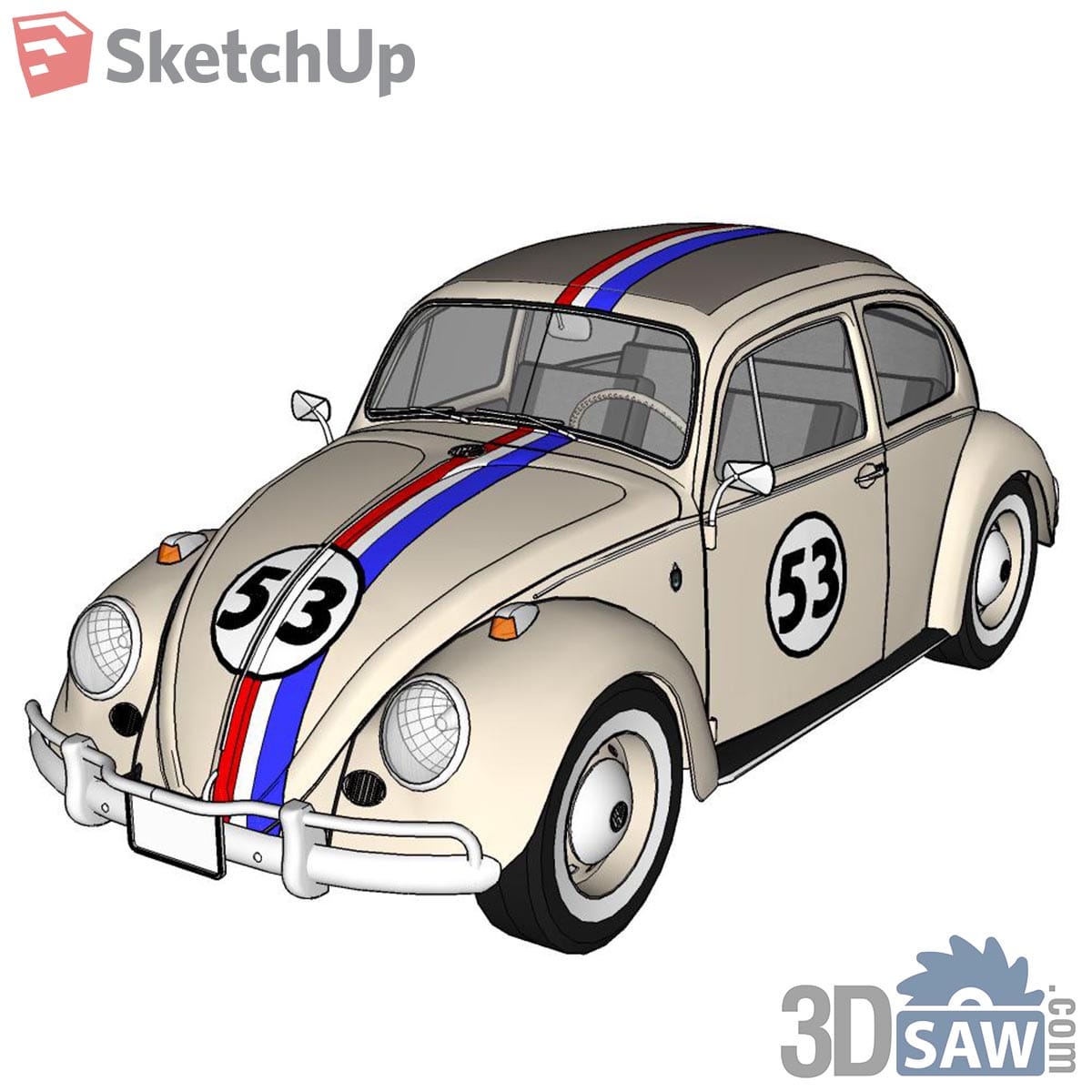 Cream vintage beetle with red white and blue stripes and number 53