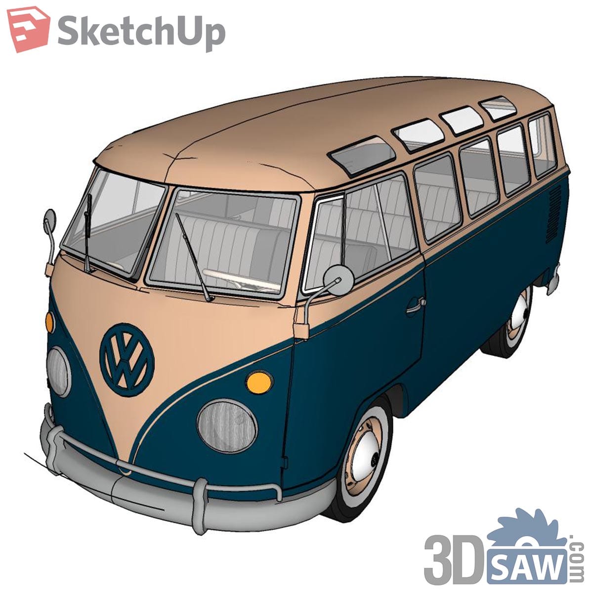 Two-tone teal and cream vintage microbus with roof windows