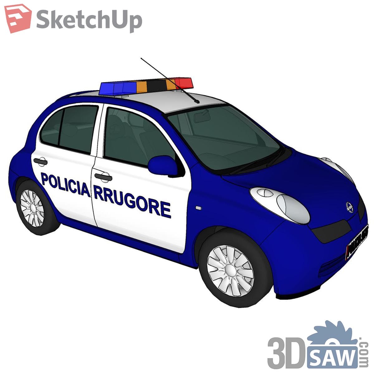 Blue and white city police car with roof light bar and door lettering