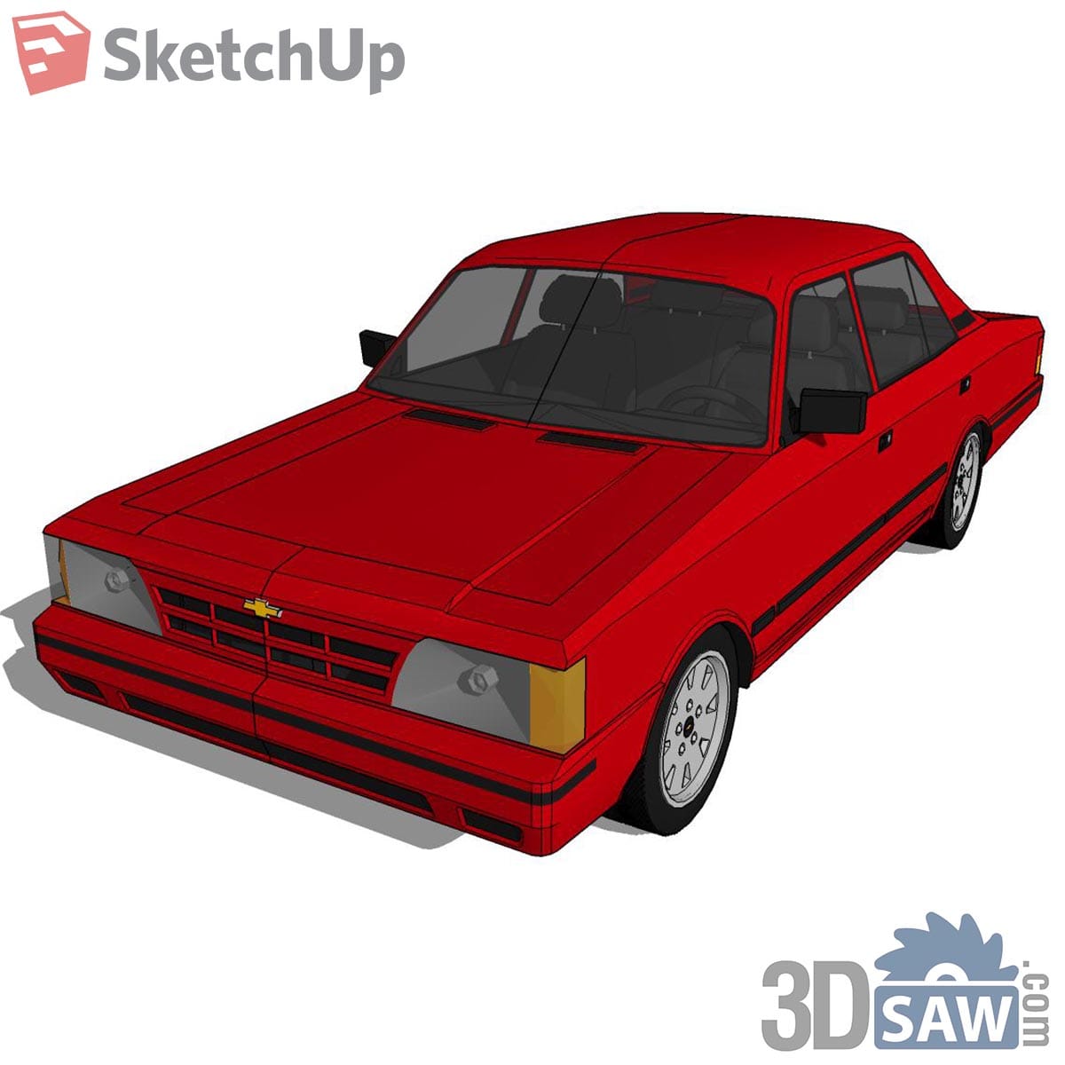 Red boxy 1980s four-door sedan with amber corner lights