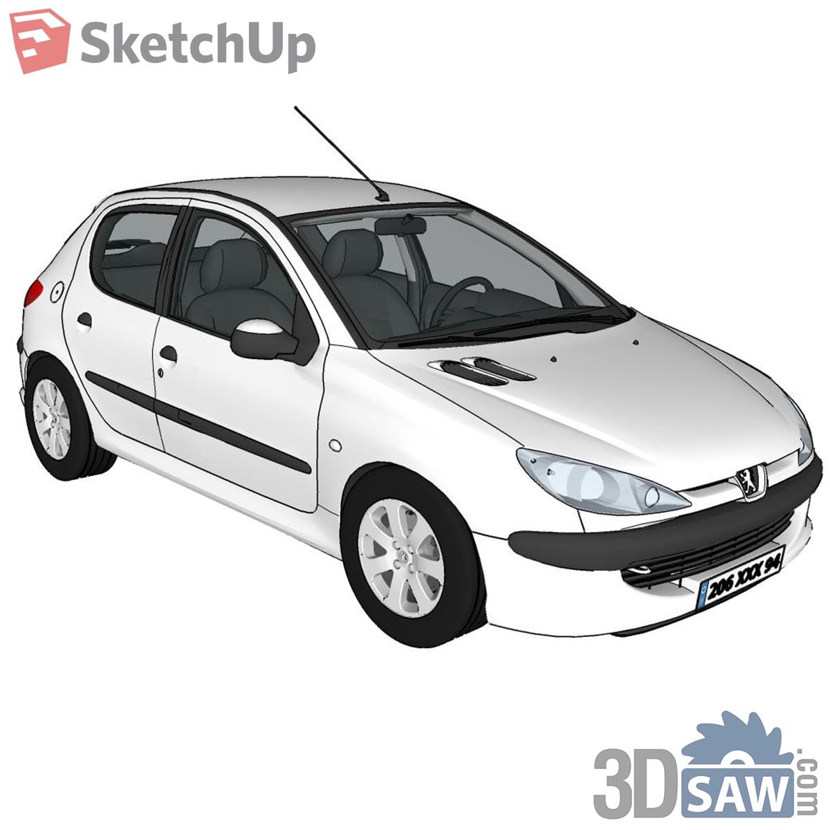 White five-door hatchback with black bumper and roof antenna