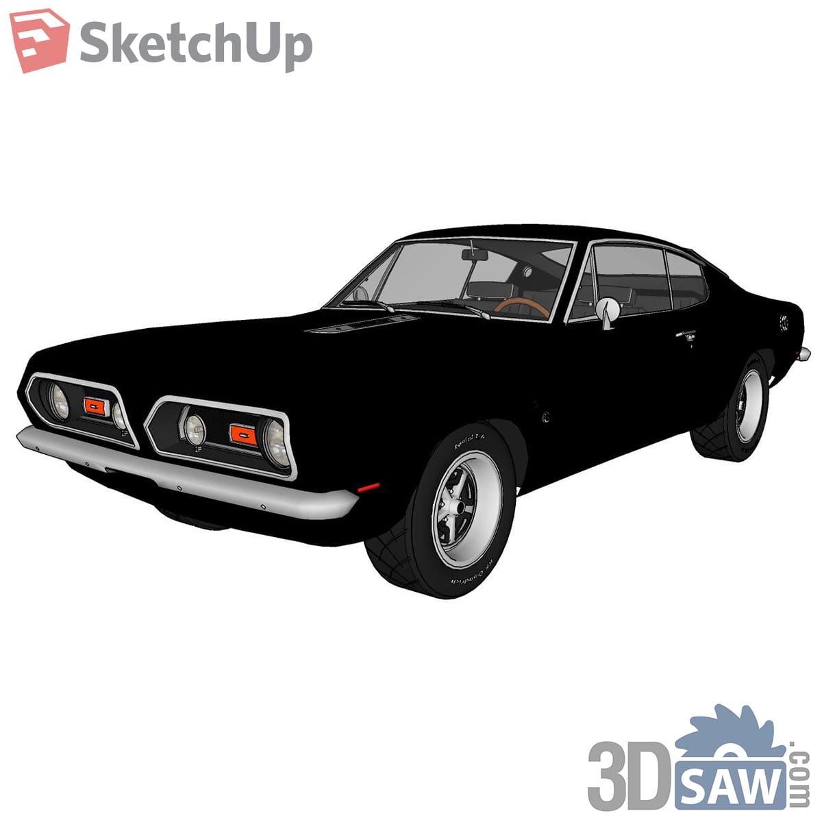 Black 1960s fastback muscle coupe with chrome bumper and mag wheels