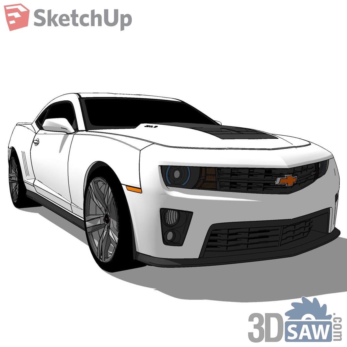 White two-door muscle coupe with black hood stripe and front splitter