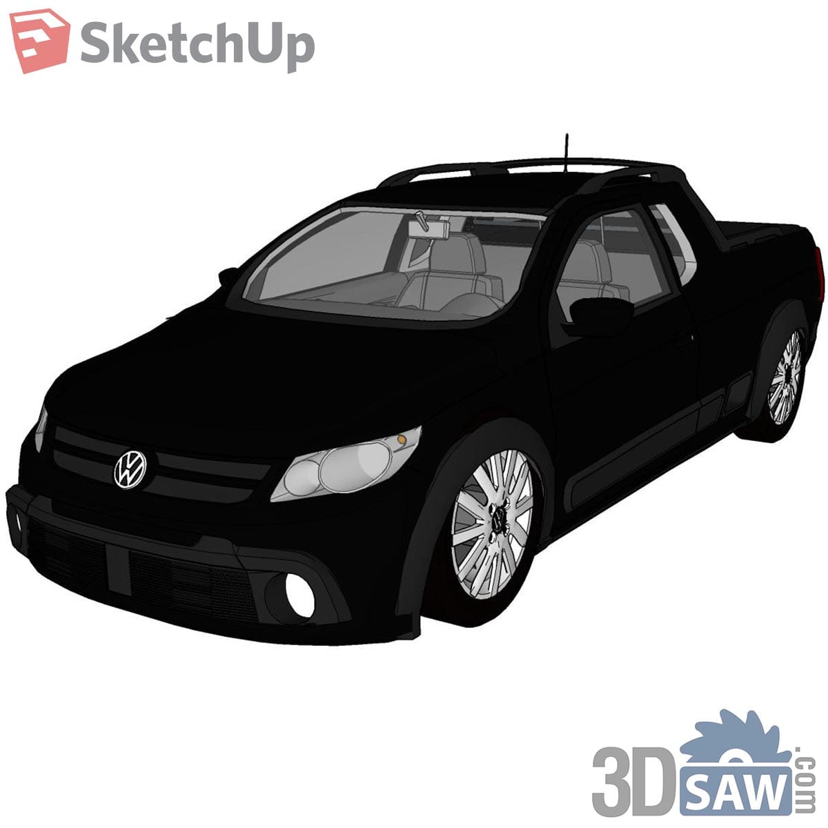 Black double-cab pickup truck with roof rails and alloy wheels