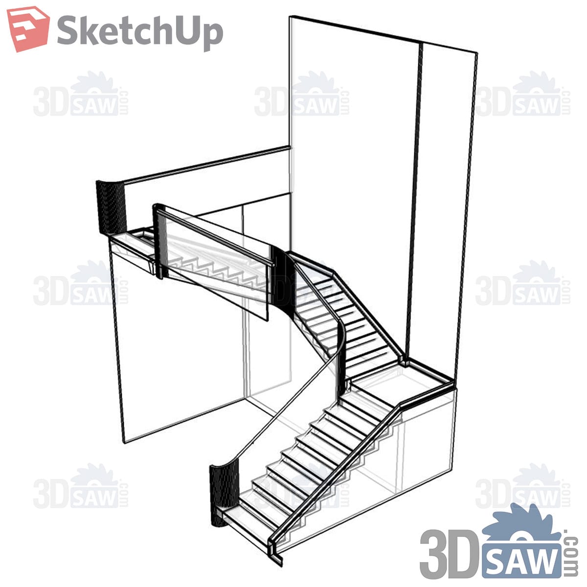 Two-flight stair with landing and glass balustrade in line drawing