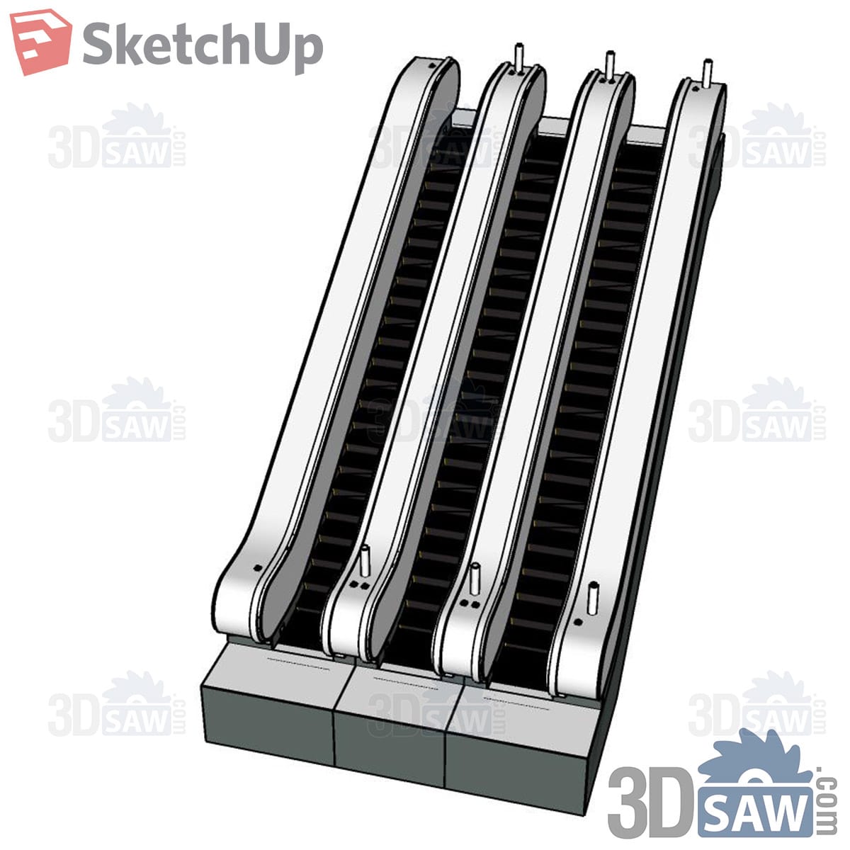 Four-lane escalator bank with white balustrades and black steps