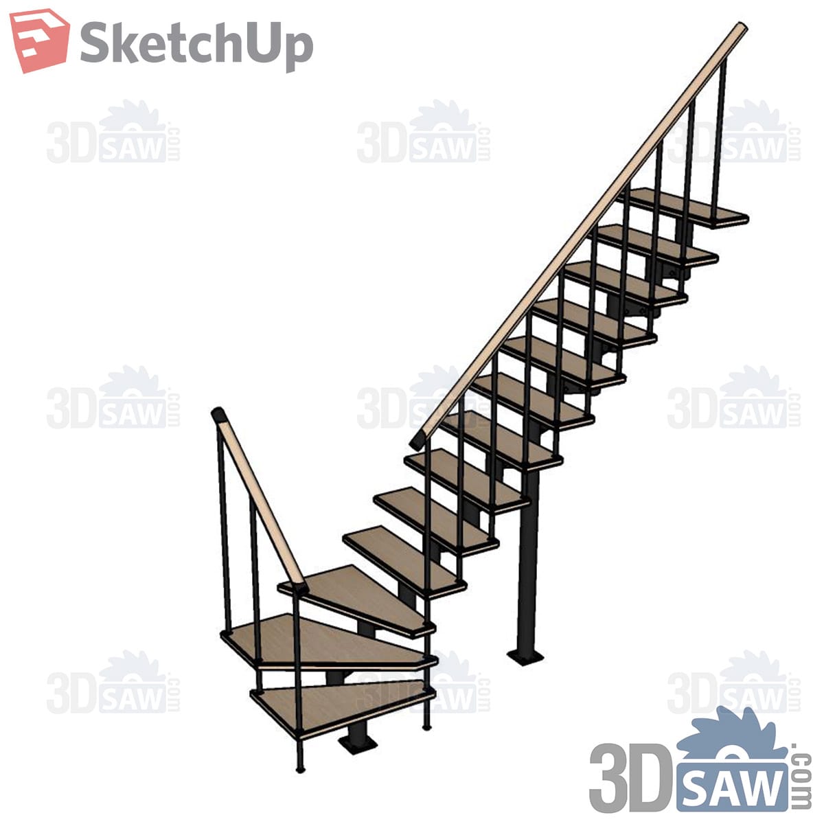 Open-riser steel-post stair with wood treads and winder steps