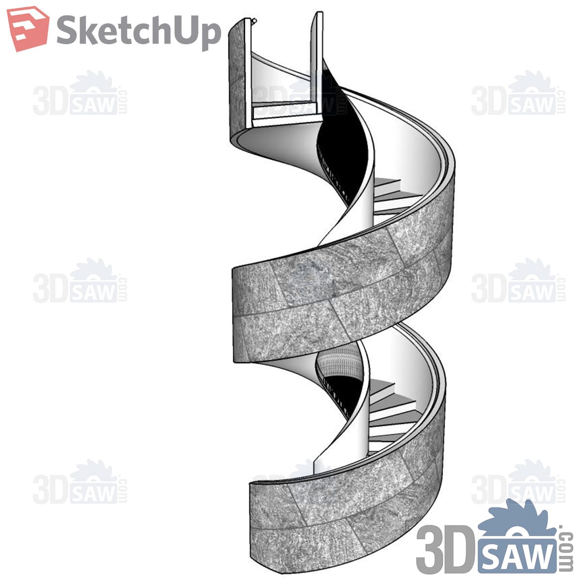 Spiral stair with grey stone-clad curved wall