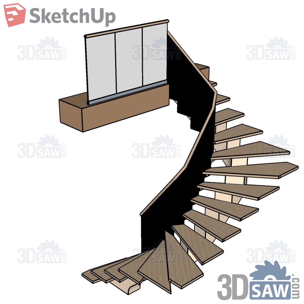 Curved stair with oak treads and black stringer wall