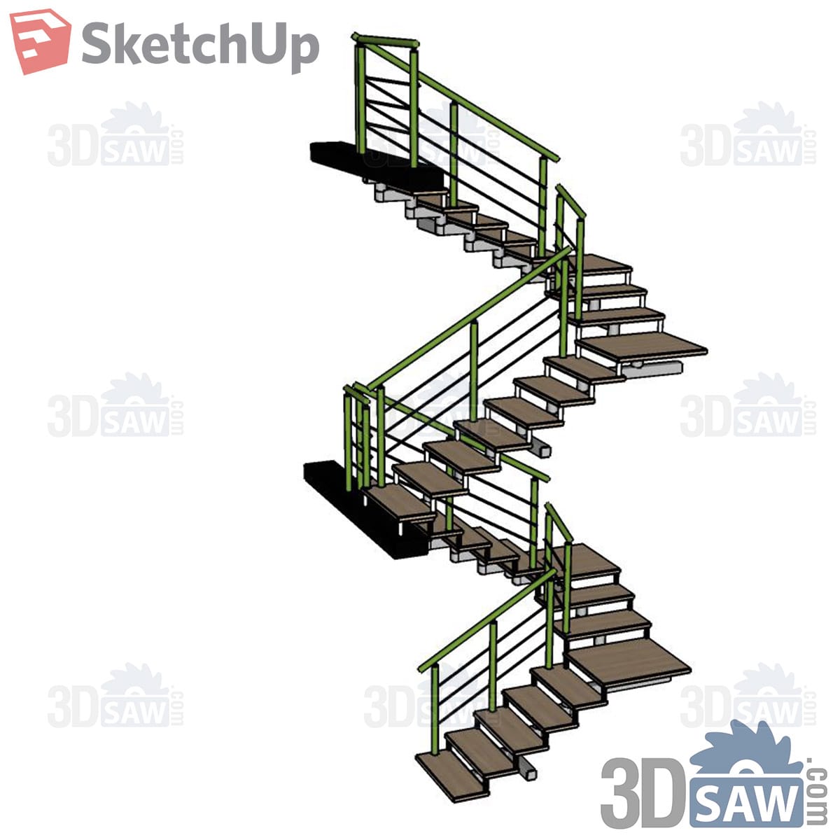 Three-flight switchback stair with green handrails and wood treads