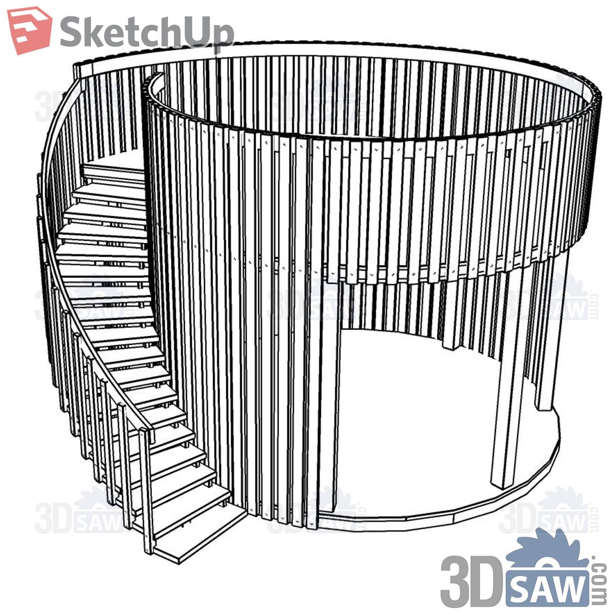 Circular timber-slat stair tower with spiral flight in line drawing