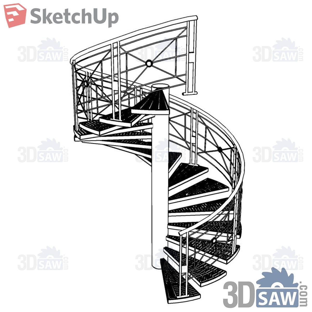Spiral stair with central column and cross-braced railing in line drawing