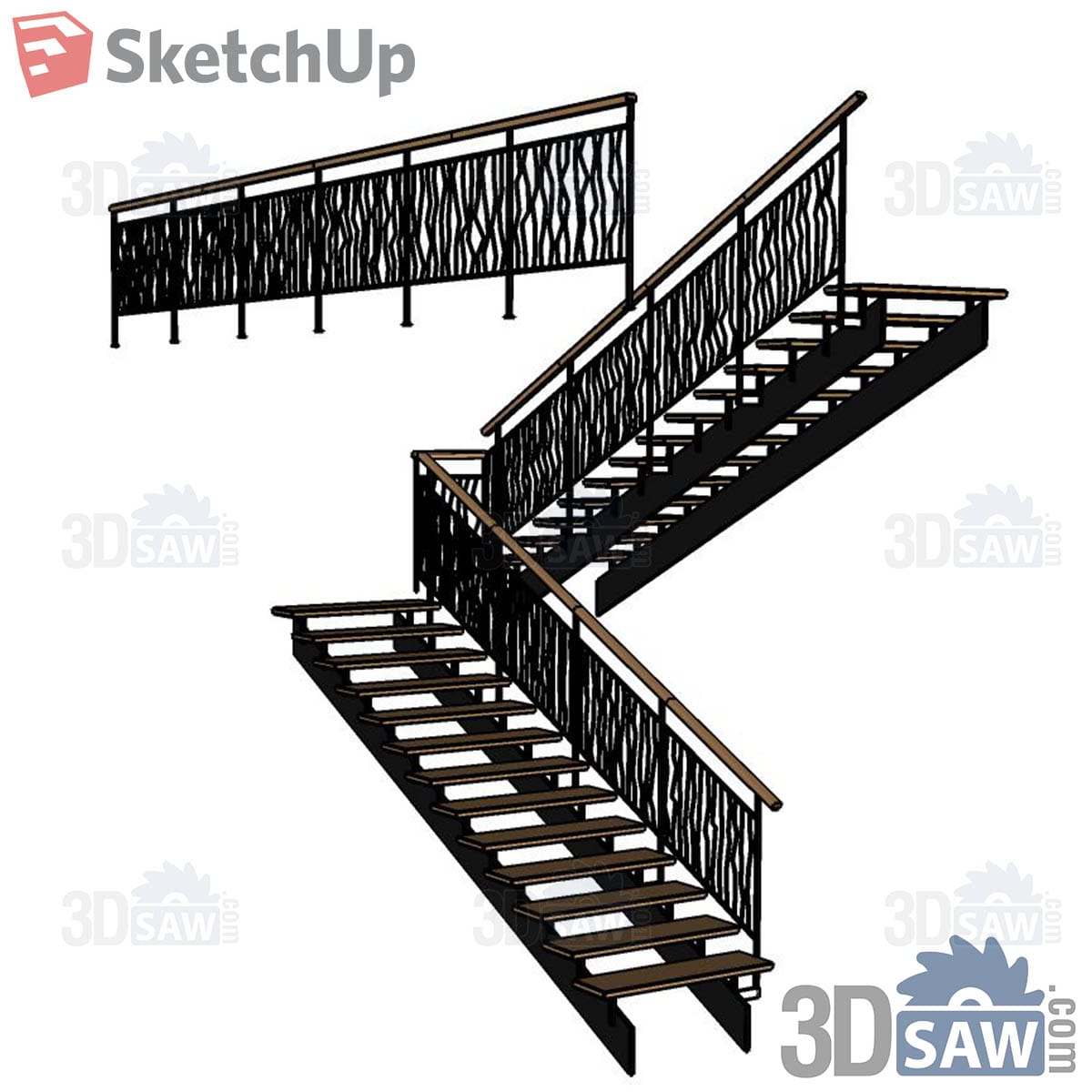 Black steel stair with wood handrail and wave-pattern laser-cut balustrade