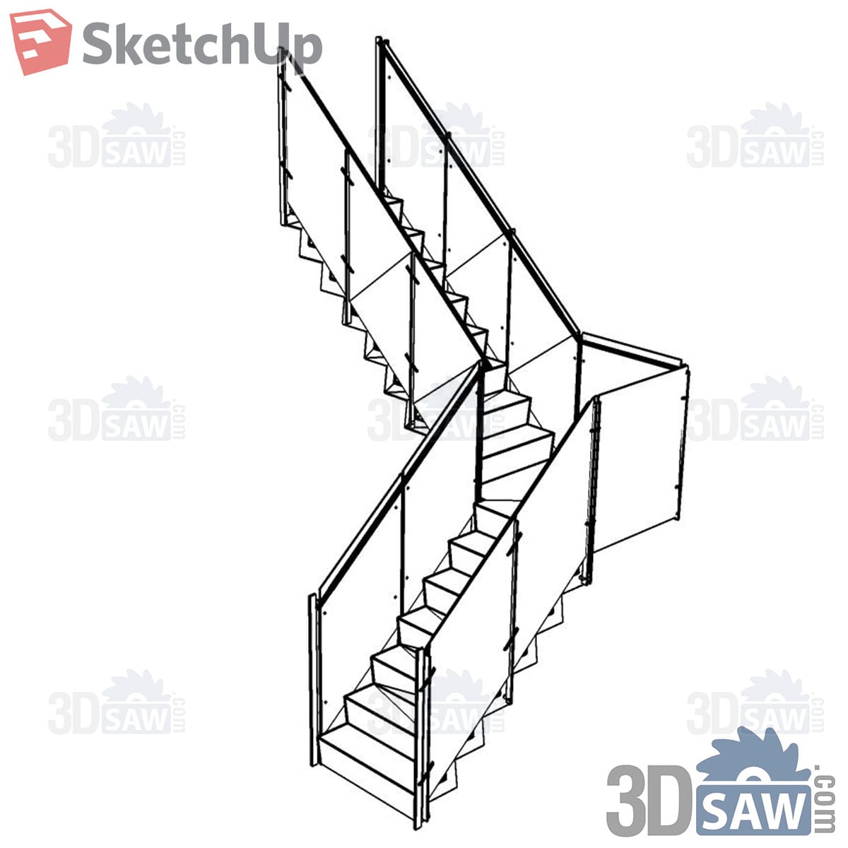 Switchback stair with glass panels and turning landing in line drawing