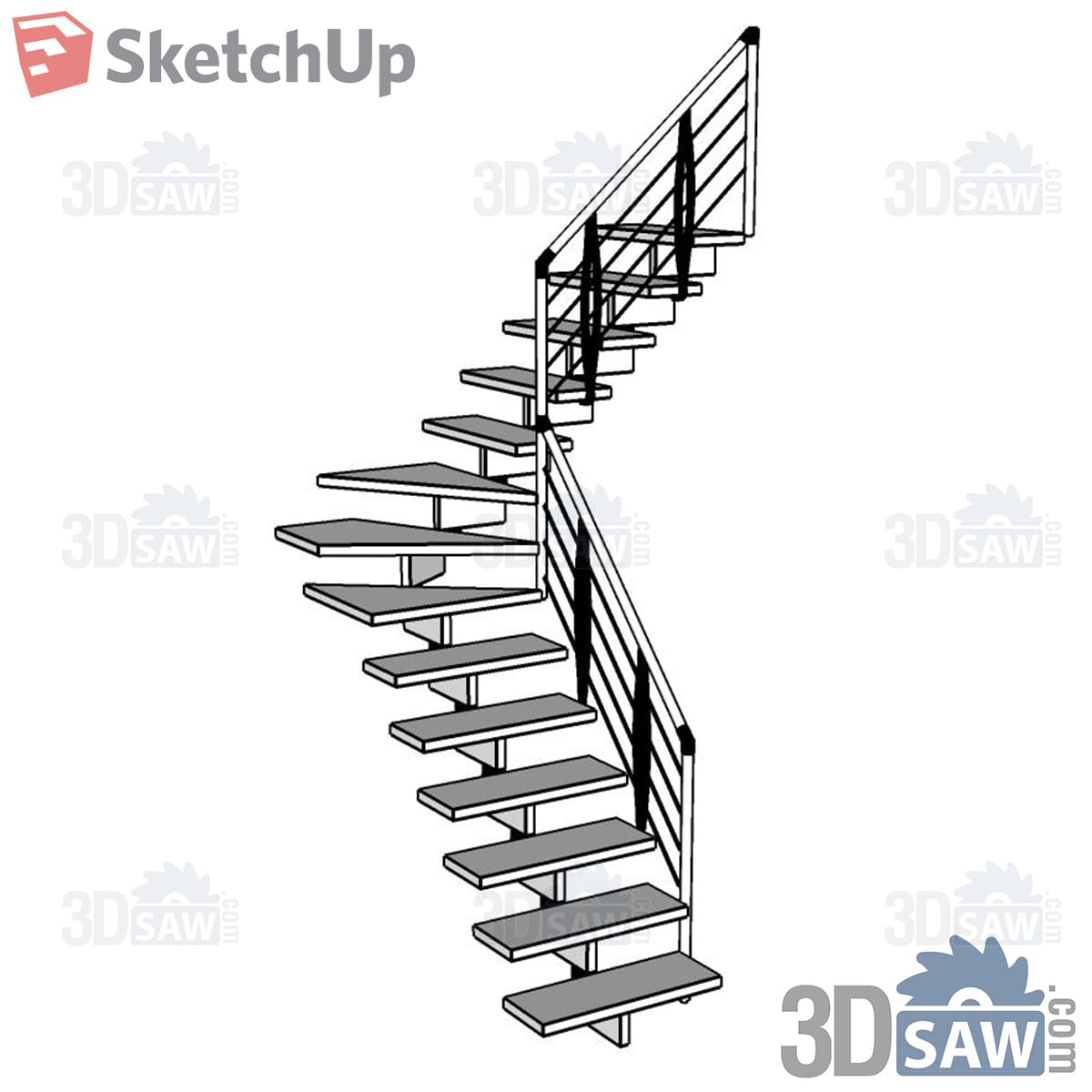 Quarter-turn open stair with grey treads and horizontal rod guard