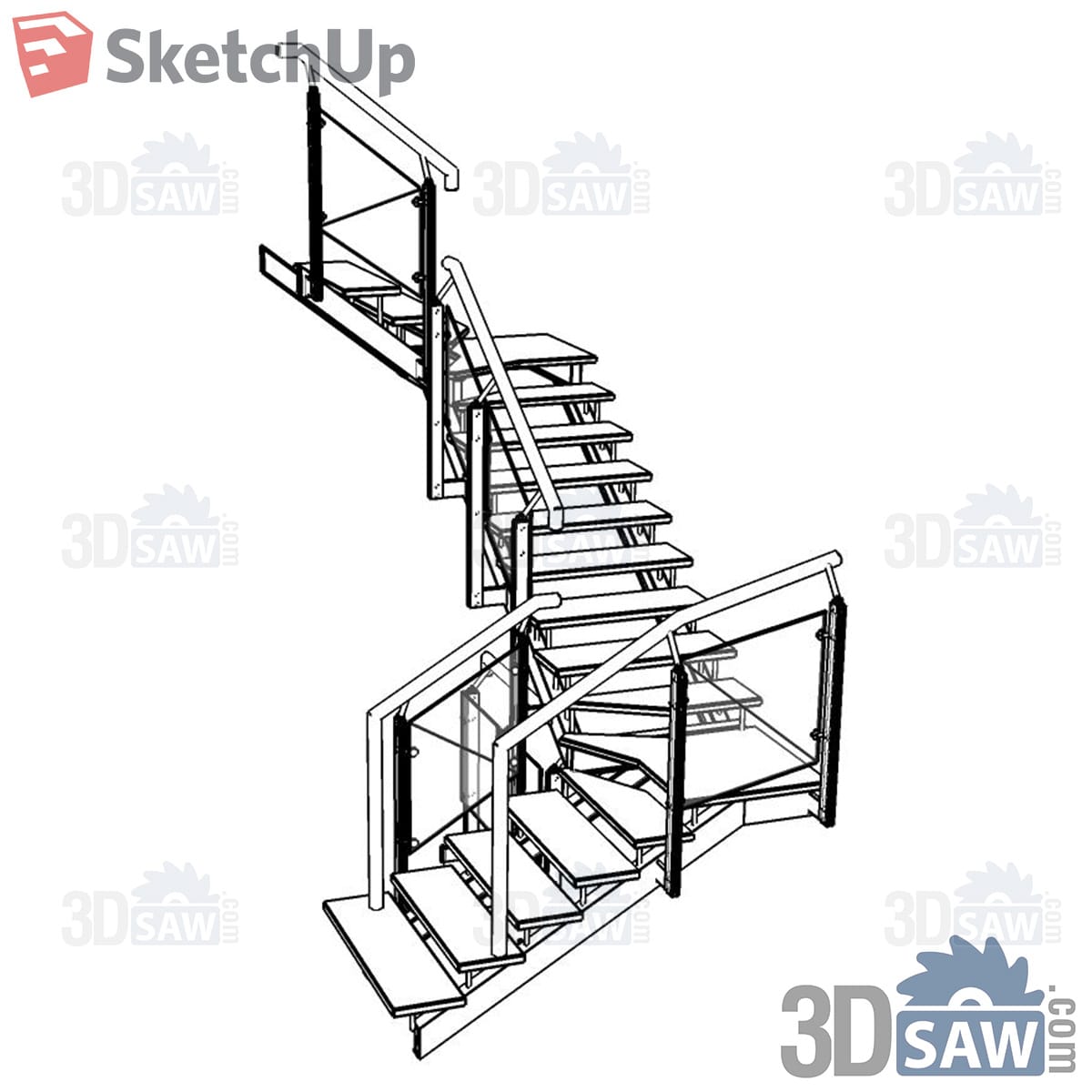 Switchback stair with winder steps, glass guard and steel handrail